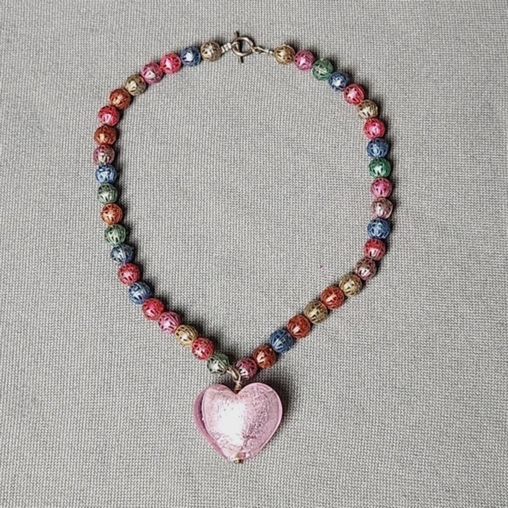 Multicolor Beaded Necklace Pink‎ Heart Pendant Toggle Clasp Jewelry Valentines